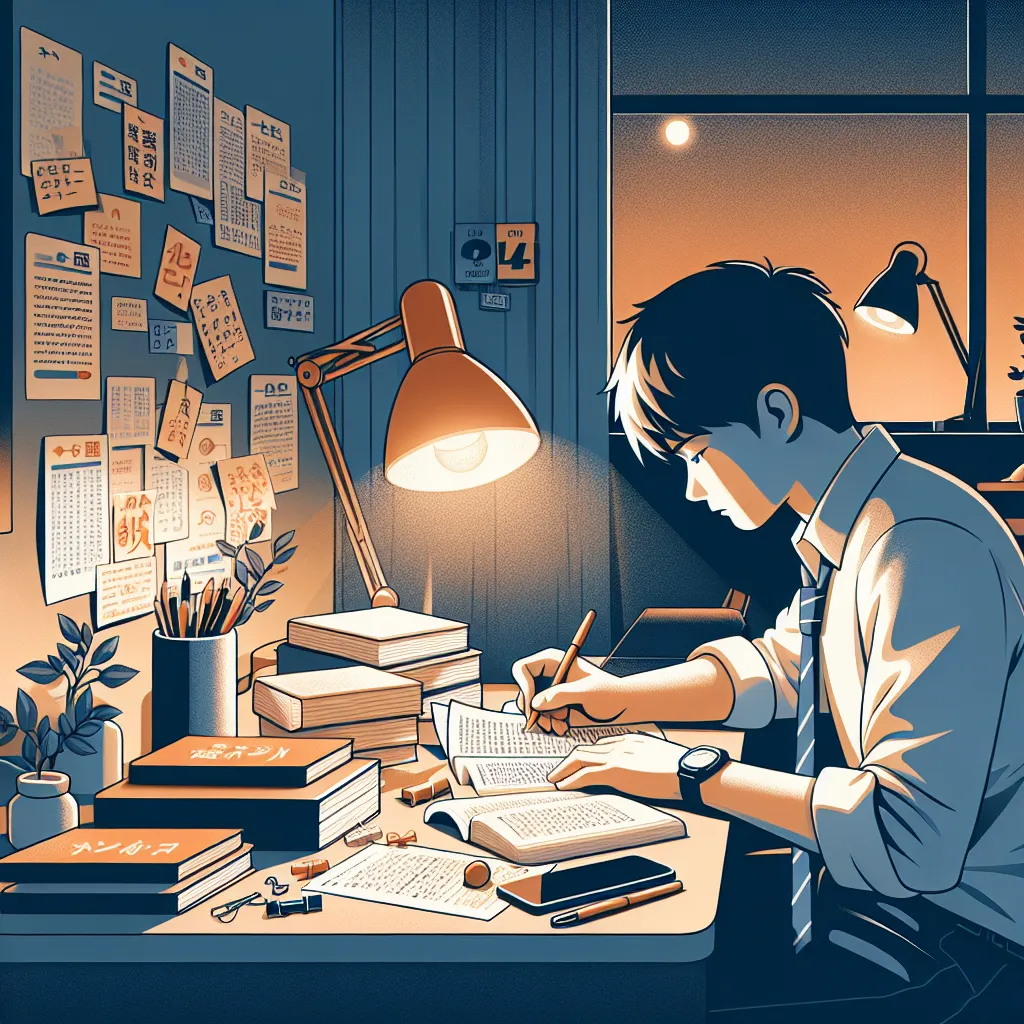 試験前日の夜をイメージした静かな部屋で、学生が3つ程度に絞った学習メモを確認しているシーン。教材を広げすぎず、必要最小限に絞っていることが伝わる構図。暖色のデスクライトと落ち着いた青系の小物で、焦りを抑えつつ前向きになれる空気感を演出した高