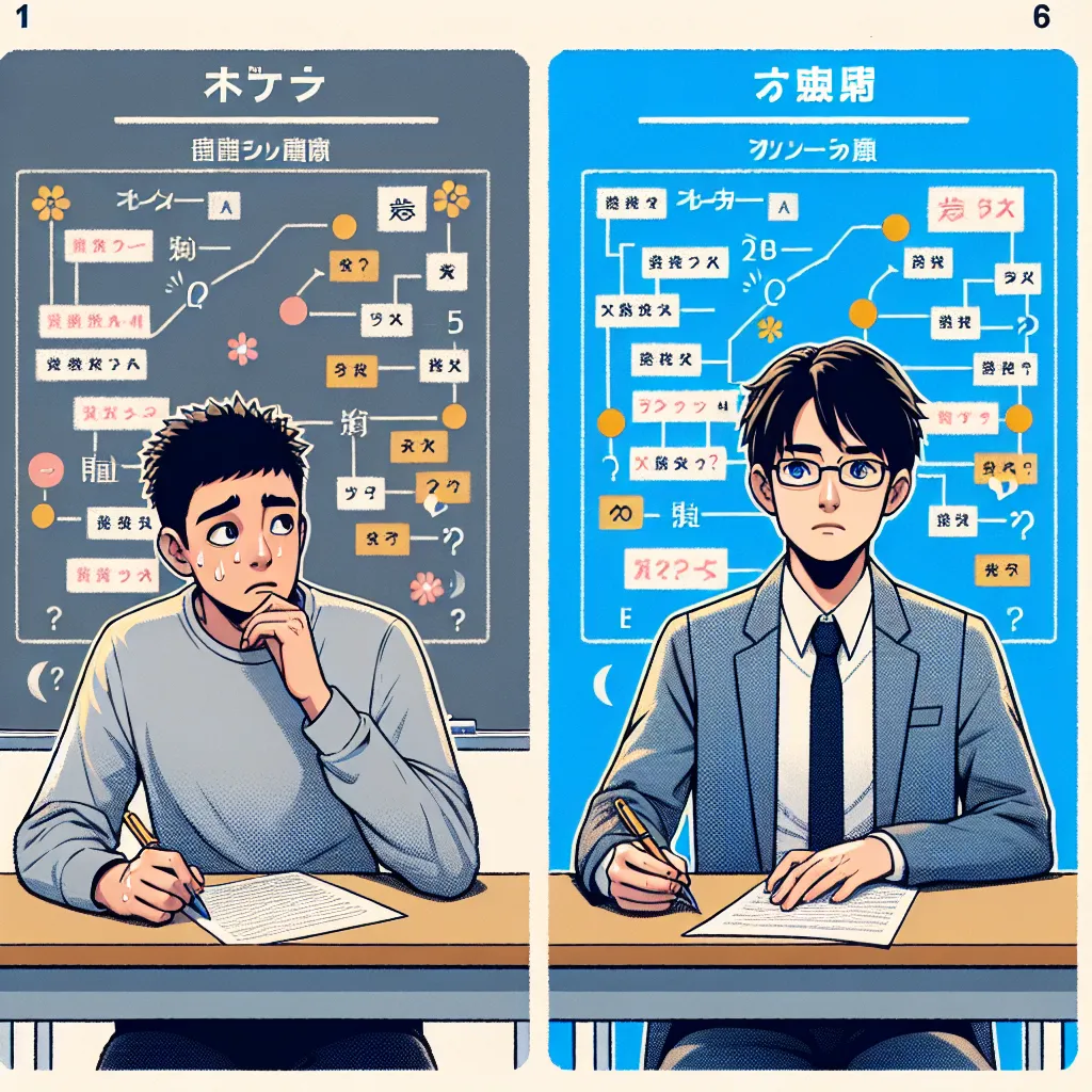 左右比較構図のビジュアル。左は表全体を見て混乱している就活生、右は設問文にマーカーを引いて落ち着いている就活生。右側が視線の動きも少なくスマートに見える構成。色調は左がややグレー、右が明るいブルーで対比を強調した比較説明用。